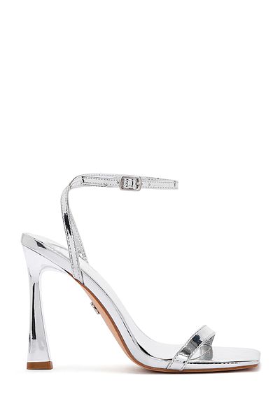 Derimod Women's Silver Ankle Strap High Thin Heeled Metallic Sandals 25Sfe493732