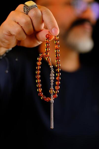dergah tesbih Wrist Length Lithuania Drop Amber Silver Design Rosary (Amber), (مسبحة قطرة كهريبار)