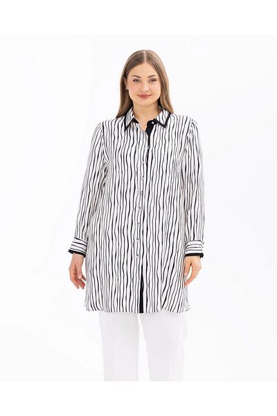 Gala-Xi Ecru Women's Tunic - Shirt Collar, Plus Size, Patterned, Long Sleeve10002411214003