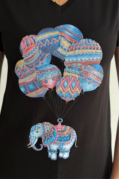 FEMELLE Tricou negru pentru femei, cu decolteu în V, cu model elefant, cu paiete, brodat, 100% bumbac