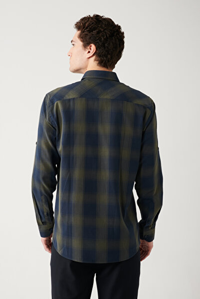 Avva Erkek Haki Düğmeli Yaka %100 Pamuk Ekoseli Nakışlı Gömlek A32Y2142