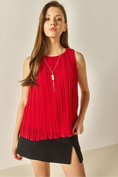 Bianco Lucci Women's Pleated Metal Necklace Accessory Lined Thick Sling Blouse 60251273