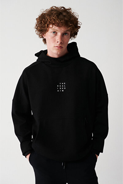 Avva Erkek Siyah İnterlok Kapüşonlu Kanguru Cepli Sweatshirt A32Y1280