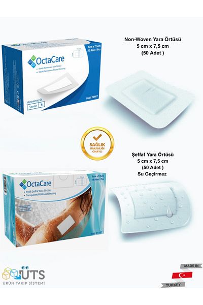 Octacare 5cm X7.5Cm Wound Pad 50Pcs + 5cm X7.5Cm Wound Cover with Film Pad Waterproof 50Pcs(Hypoallergenic)
