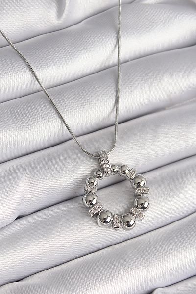 Skygo 316L Steel Silver Color Chain Zircon Stone Detailed Curved Ring Model Women's Necklace - Tj-Bko9604