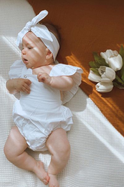 Parla Kids Baby Girl White Cotton Salopet Bandana Set