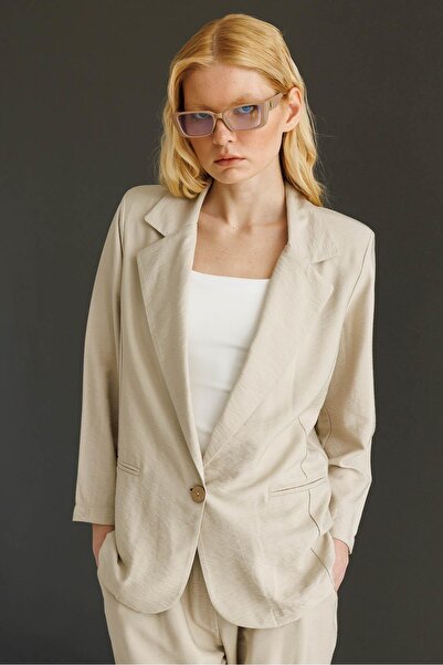 Desen Triko Women's Single Button Linen Jacket Beige