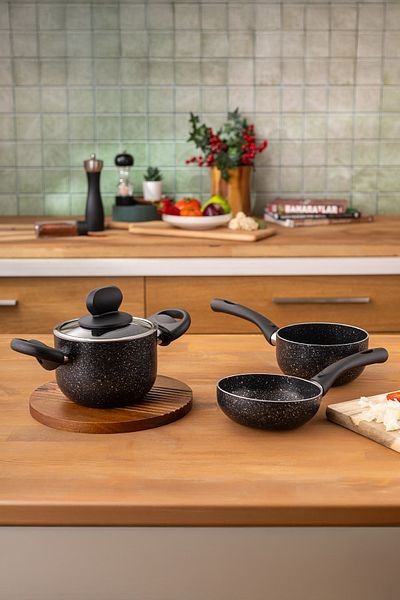 Emsan Vega 4 Piece Mini Granite Black Cookware Set