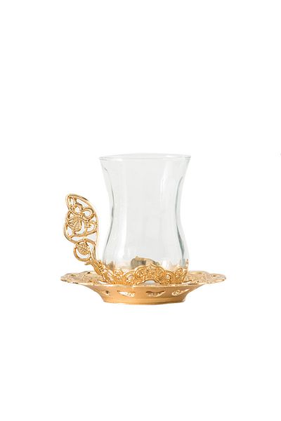 COOYA Three-piece glass teacup set, exquisite shape, including cup, saucer and spoon, easy to clean, gold