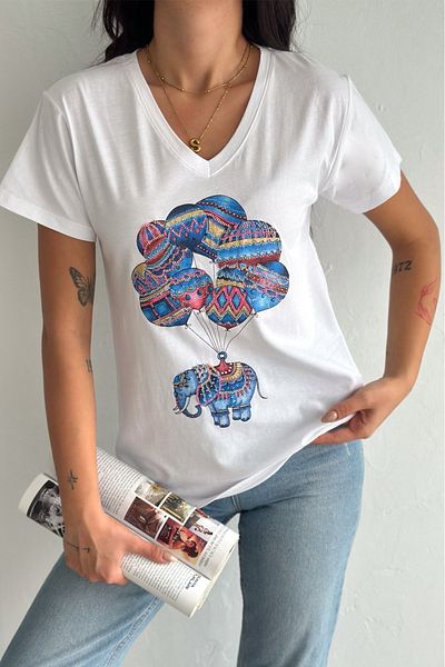 FEMELLE Tricou alb pentru femei, cu decolteu în V, cu model elefant, cu paiete, brodat, 100% bumbac