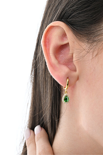 jingle bells Damla Zümrüt Zirkon Taşlı 925 Ayar Gümüş Küpe Altın Kaplama