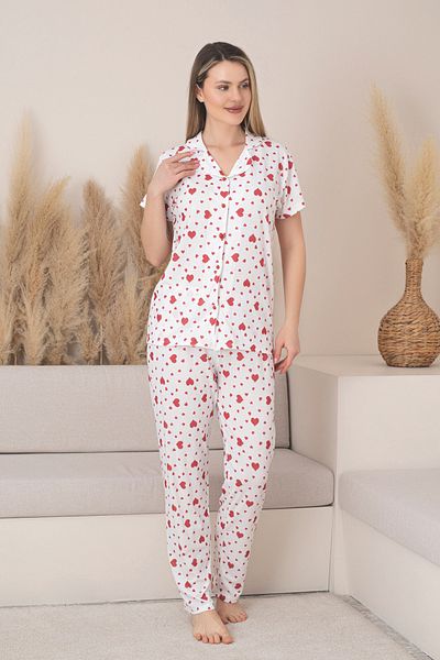 fehika Women's Cotton Lycra White Heart Print Buttoned Pajama Set