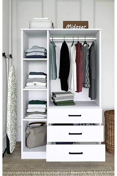 midoser Easy Mat Beyaz 3 Kapılı 3 Çekmeceli Çok Amaçlı Elbise Dolabı