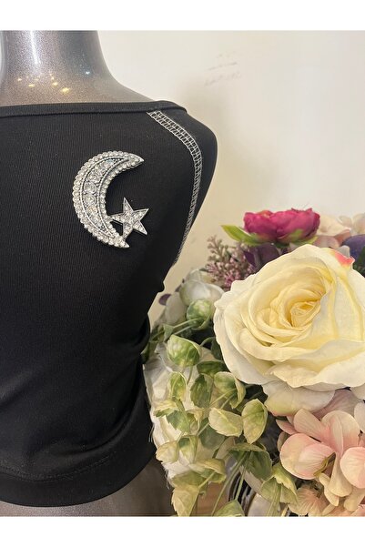 panşalço Ay Yıldızlı Broş, Gümüş Rengi, Taşlı