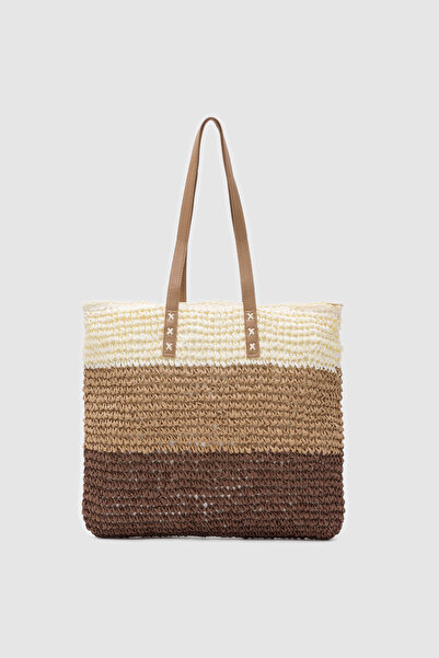 OGGO Geantă de umăr din paie cu mâner din piele maro-camel