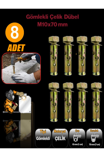 NUBLADO Saplamalı Gömlek Çelik Dübel M10x70 mm Raf Montaj Bağlantı Zemin Mont...