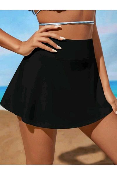 LADY HAZAL Black Darkalıp High Waist Bikini Bottom Shorts Beach and Sports Skirt Lady Full Coverage Skirt