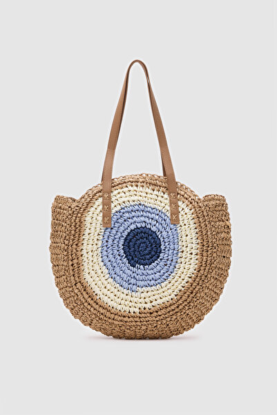 OGGO Geantă de umăr din paie albastru-camel