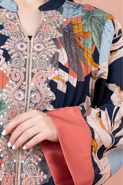 IKKXA Embroidered Leaf Blossom Jalabiya