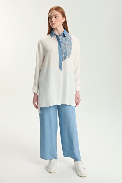 Zühre Flower Embroidered Ecru Tunic T-1559