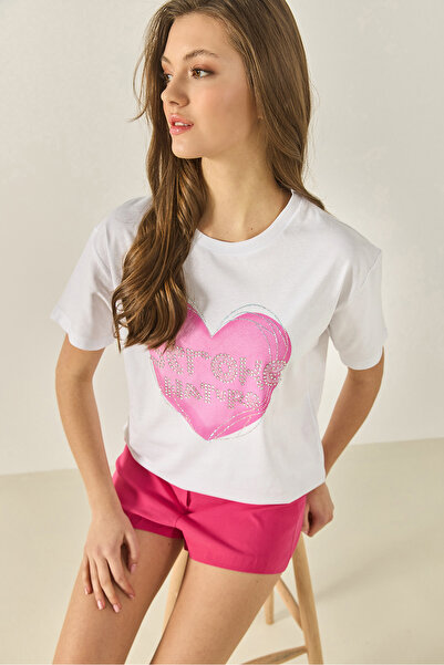 Bianco Lucci Γυναικείο μπλουζάκι από βαμβακερό κανονικό σχέδιο με πέτρα με στάμπα καρδιάς 8133 60283303