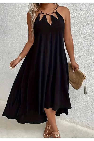 Little Visqon Women's Halter Strap Drop Detailed Ring Asymmetrical Cut Viscose Dress