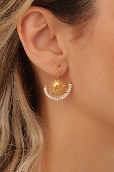 Bayar Gold 14 Ayar Altın İncili Yelpaze Küpe