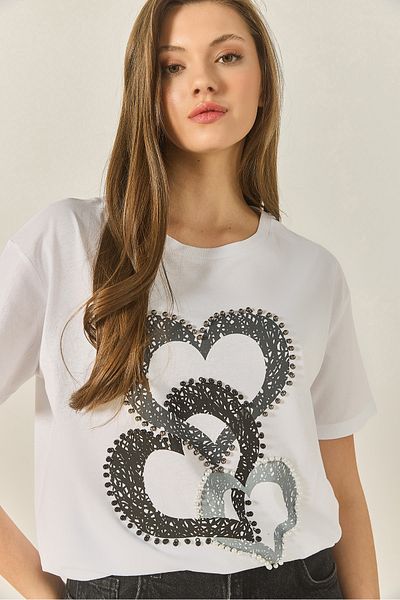 Bianco Lucci Tricou din bumbac, cu imprimeu cu mărgele, brodat, cu potrivire obișnuită, pentru femei 8106 60283301