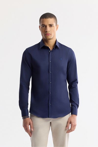 Avva Ανδρικό πουκάμισο με κλασικό γιακά Navy Blue 100% βαμβακερό σατέν Β 002006