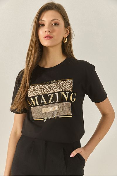 Bianco Lucci Women's Printed Stone Detailed Regular Fit Cotton T-Shirt 8136 60283302
