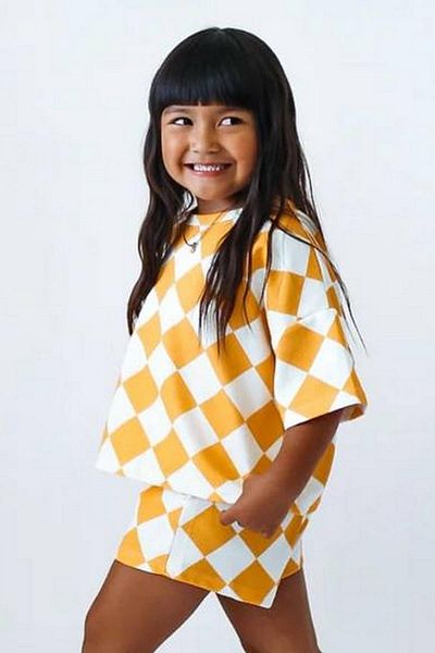 Motebarn Wear Girl's New Season Checked Cotton Top and Bottom Suit Yellow