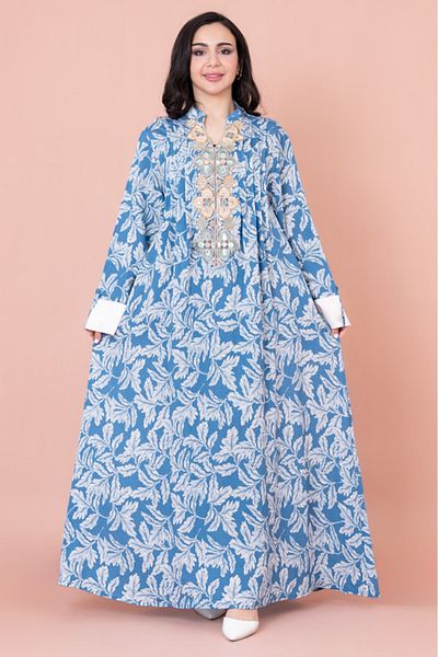 IKKXA Embroidered Leaf Print Jalabiya