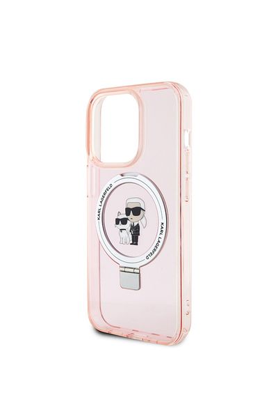 Karl Lagerfeld Husă pentru iPhone 15 Pro, Husă rigidă cu inel și suport MagSafe, Karl Lagerfeld - Roz