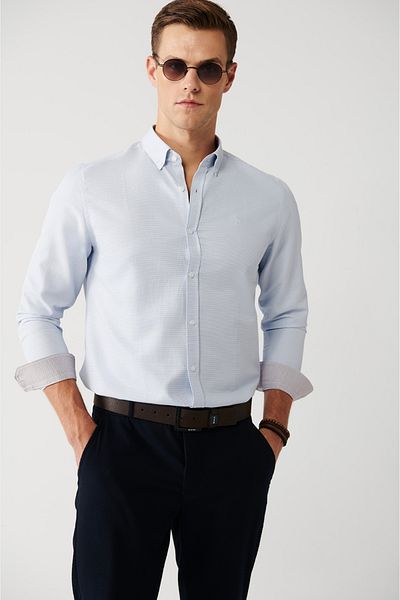Avva Men's Blue Buttoned Collar Cotton Easy-Iron Shirt A32Y2089