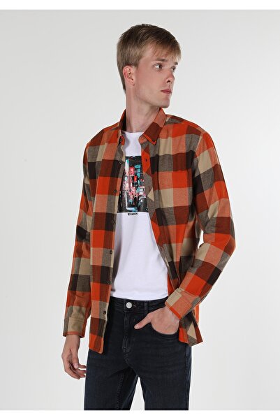 Colin's Regular Fit Shirt Neck Plaid Men's Orange Long Sleeve Shirt