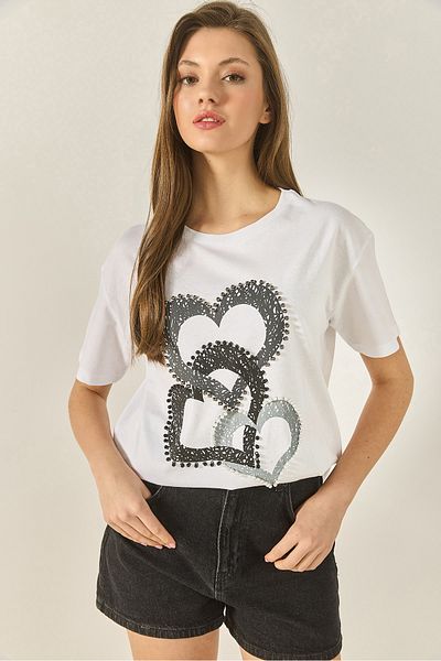 Bianco Lucci Tricou din bumbac, cu imprimeu cu mărgele, brodat, cu potrivire obișnuită, pentru femei 8106 60283301