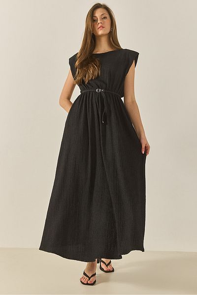 Bianco Lucci Women's Elasticized Waist Wadded Waistband Belted Pocket Detailed Long Wrap Dress 6001 60283261