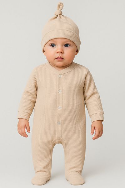 Bubito Corduroy Combed Baby Jumpsuit with Stylish Hat-beige
