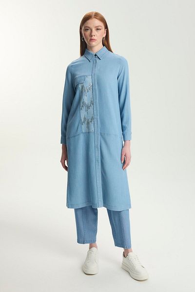 Zühre Tunica lungă din denim cu paiete cu detaliu cu buton ascuns T-1572