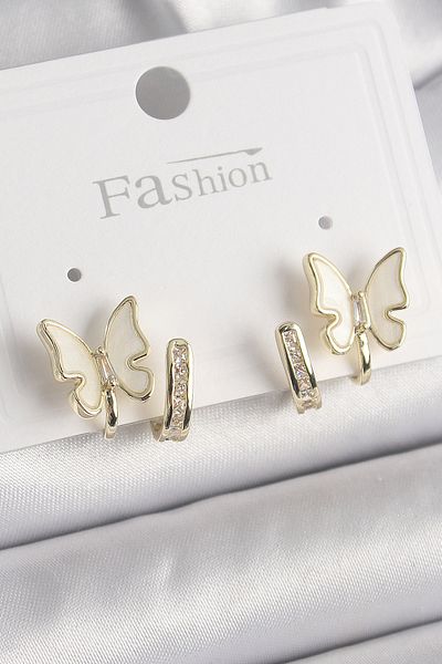 Skygo Brass Silver Color Zircon Stone Detailed White Pearlescent Butterfly Model Women's Earrings - Tj-Bkp9868