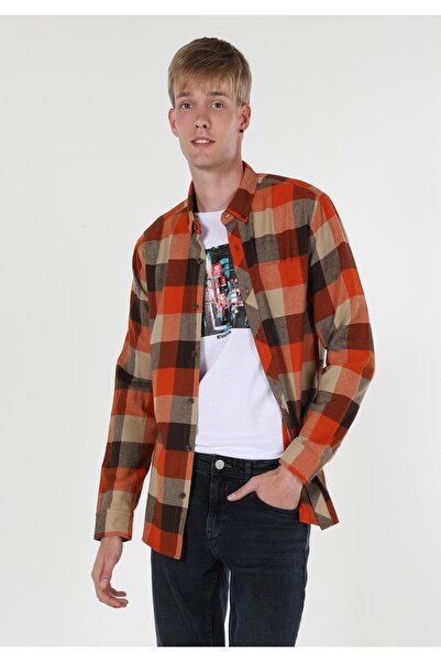 Colin's Regular Fit Shirt Neck Ekoseli Erkek Turuncu Uzun Kol Gömlek