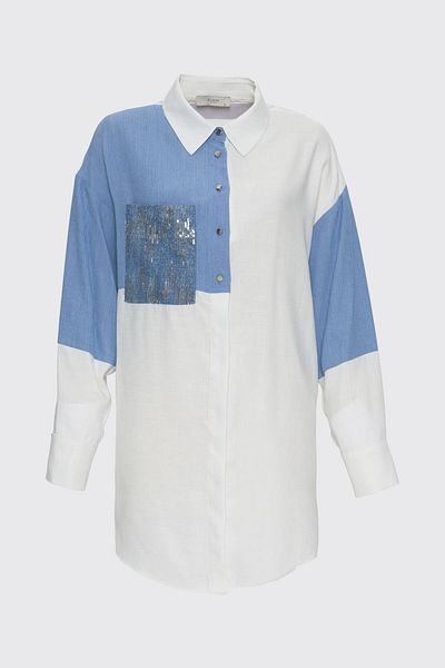 Zühre Color Blocked Pocket Sequin Ecru Tunic T-1561