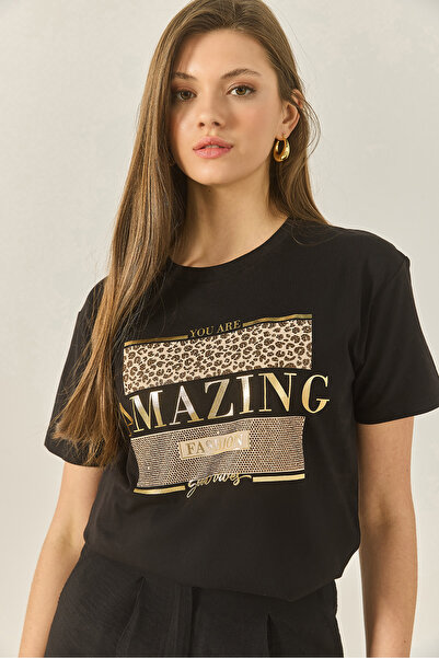 Bianco Lucci Dámské bavlněné tričko s potištěným kamenem Regular Fit 8136 60283302