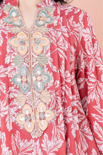 IKKXA Embroidered Leaf Print Jalabiya