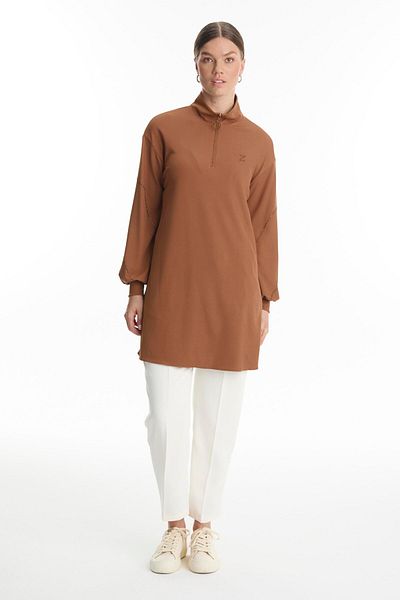 Zühre Stone Embroidered Zipper Collar Camel Tunic T-1494