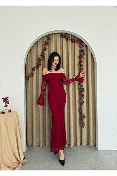 mavi pencere Dantel Detay, Korsaj, Midi, Yırtmaçlı, Bordo Elbise