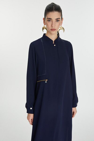 Zühre Judge Collar Zipper Detailed Long Navy Blue Tunic T-1579