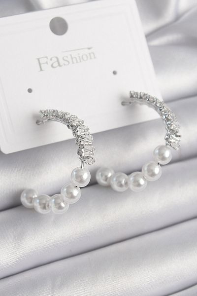 Skygo Brass Silver Color Zircon Stone Pearl Hoop Model Women's Earrings - Tj-Bkp9853
