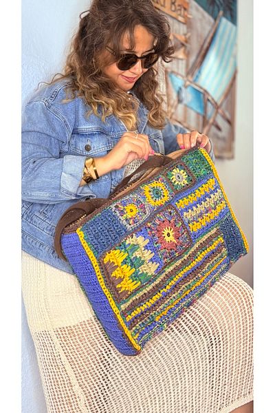 Tuvita Collection Bodrum Paper Rope Knitted Ethnic Patterned Blue Yellow Colored Women's Beach Arm Bag