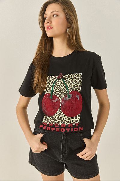 Bianco Lucci Women's Cherry Leopard Printed Stone Detailed Regular Fit T-Shirt 4140 60283299